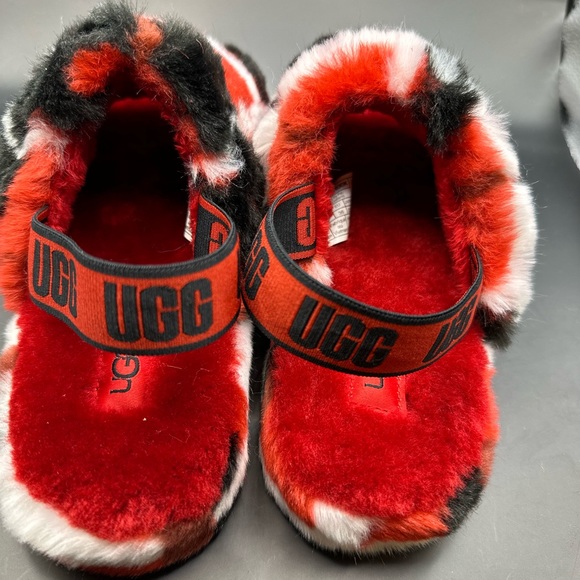 UGG Fluff Yeah Slide Red Tartan Plaid Plush Strap Back Slippers Sandals US 4 - Picture 2 of 11